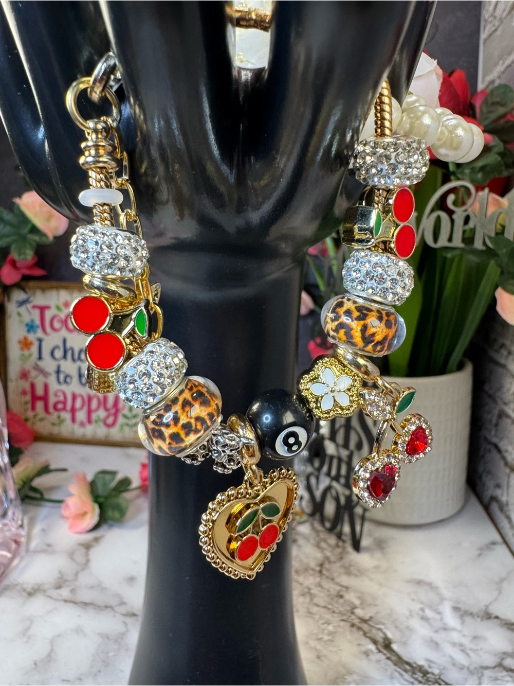 Gold Cherry Charm Bracelet with Red and Green Accents